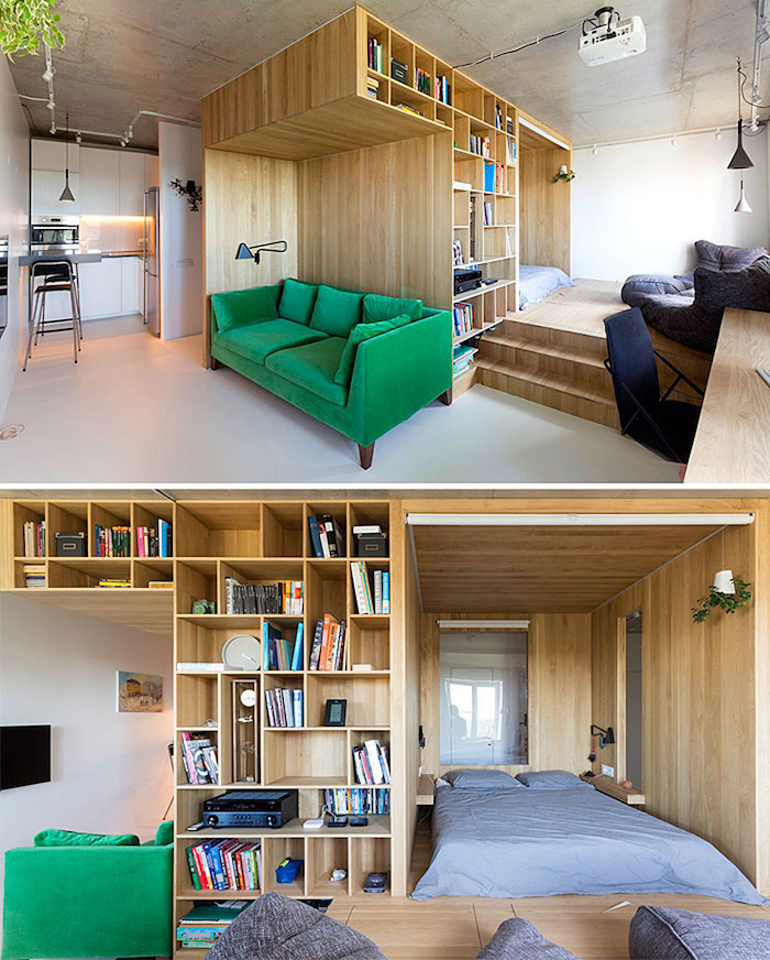 bibliothèque en bois, canapé en simple matelas et lit sur estrade de bois, canapé vert emeraude, kitchenette pour studio blanche