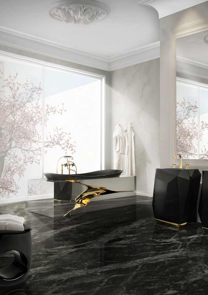 comment décorer une grande salle de bain, quelle couleur avec le gris clair, design luxueux avec carreaux effet marbre