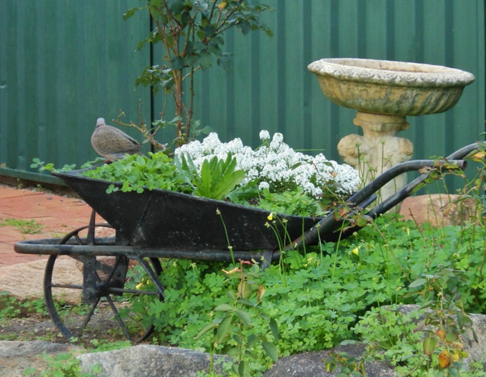 ancienne fontaine de jardin en pierre, brouette métallique, aménagement jardin créatif