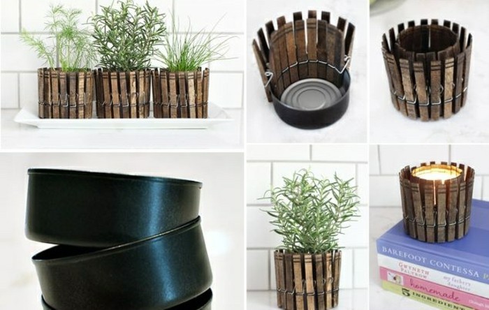 exemple boite de conserve deco, faire un pot à fleur en canette avec décoration pinces bois pour effet clôture de jardin