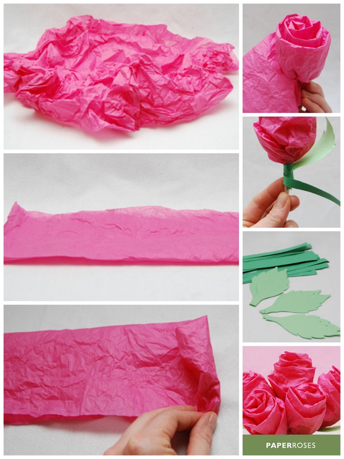 tuto pour fabriquer une fleur en papier de soie, rose en papier de soie délicate et poétique avec feuilles et tige en papier