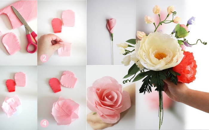 modèle de rose en papier crepon délicate et poétiques, bouquet de fleurs en papier à faire soi-même