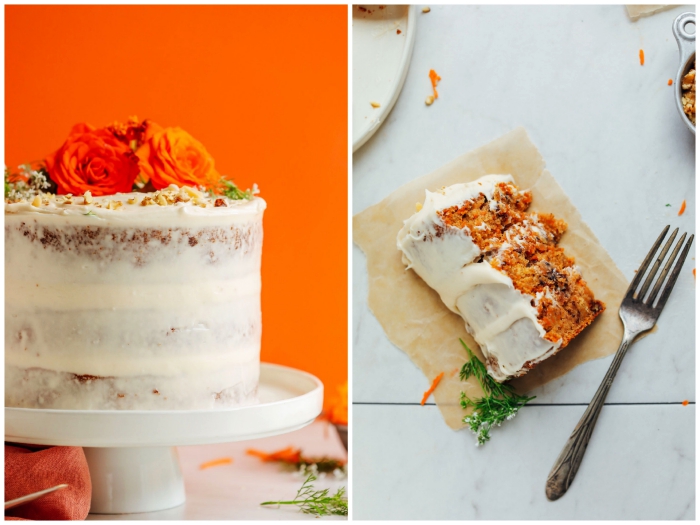 recette sans gluten de layer cake aux carottes au glaçage léger de crème beurre vegan avec un joli décor floral 