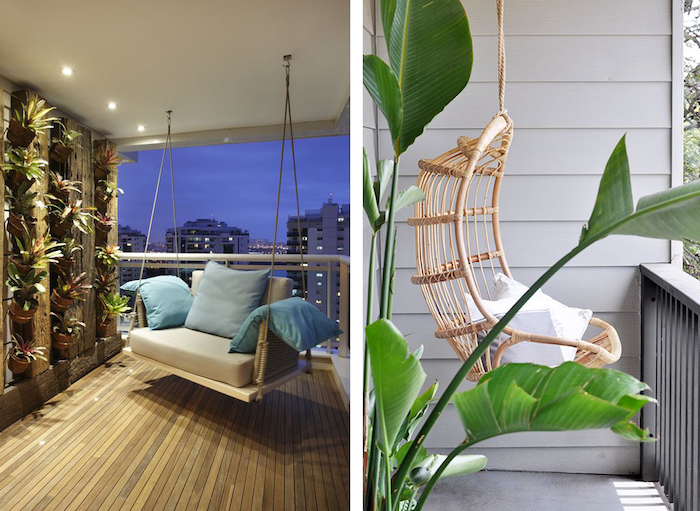 fauteuil suspendu ou balancelle à installer sur le balcon, idee decoration de balcon originale pour espace exterieur cocoon