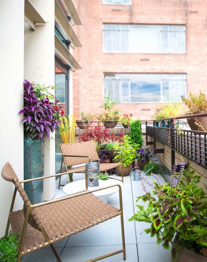chaises design sur un balcon fleuri avec table basse, pots de fleurs par sol en dalles de béton, vue sur un paysage urbain