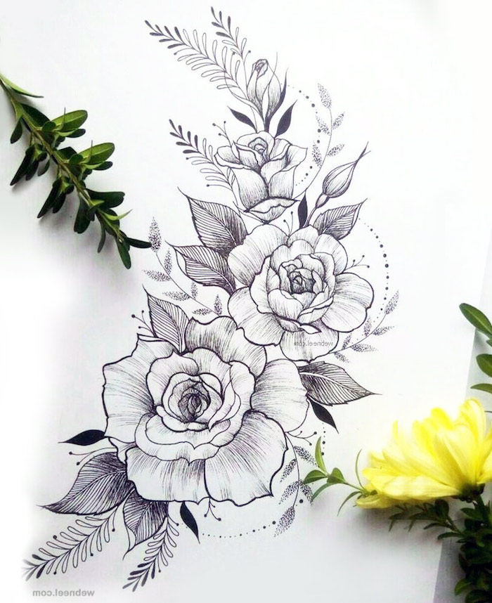 Roses en branche tatouage idée coloriage fleur bouquet de fleurs dessin tatouage idée