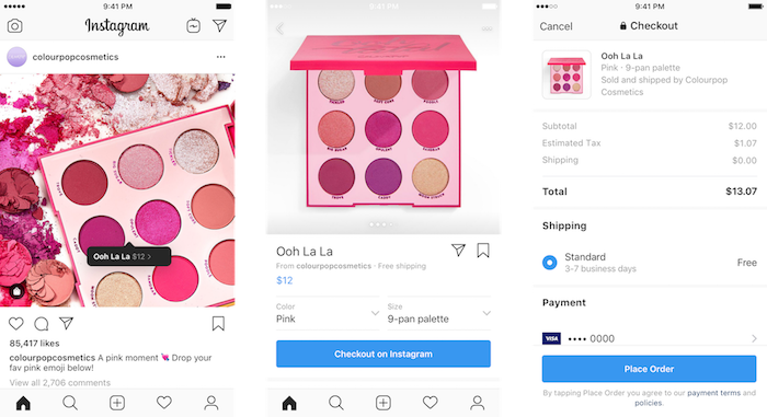 Capture écrans du processus d'achat instantané offert par Instagram avec sa nouvelle option de shopping Checkout