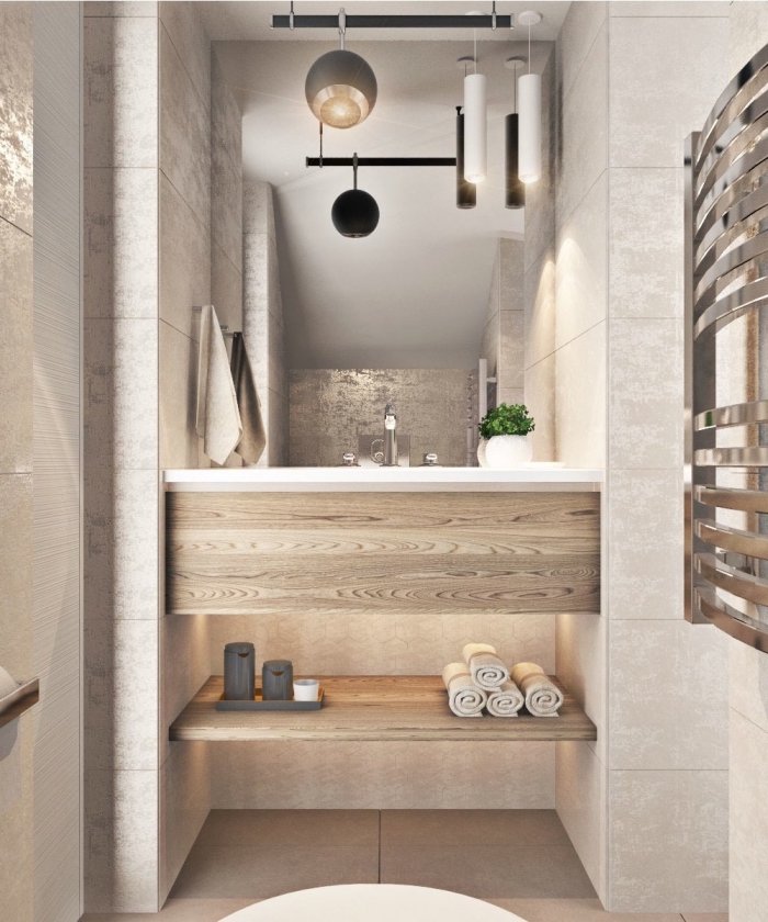 modèle de faience salle de bain moderne à effet pierre, déco petite salle de bain en beige et bois clair avec accents noirs