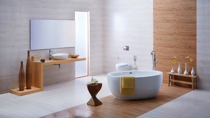 décoration salle de bain moderne en blanc et bois, revetement mural salle de bain avec panneaux à imitation bois