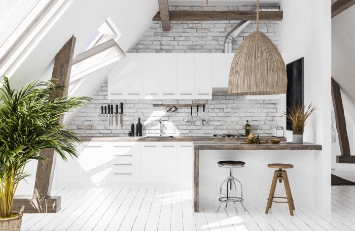 comment décorer une cuisine en style scandinave et bohème avec papier peint à effet briques, décoration cuisine moderne modele de cuisine blanc et bois