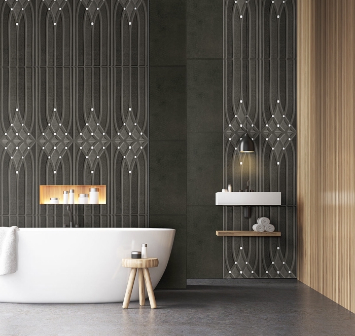 quelle couleur pour salle de bain, revêtement mural de couleur gris anthracite, salle de bain aux murs foncés avec pan de mur en lambris bois