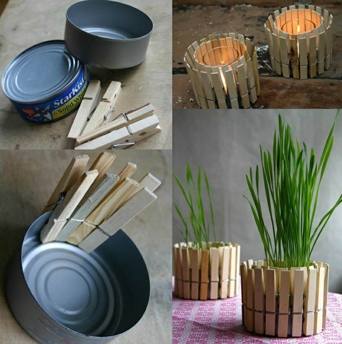 créations avec boîte conserve de poisson, faire un pot à fleur à imitation clôture bois avec canette et pinces bois