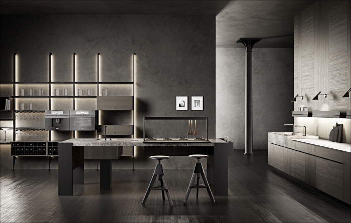 modele de cuisine moderne en gris anthracite et noir, idée éclairage moderne pour meuble rangement de cuisine