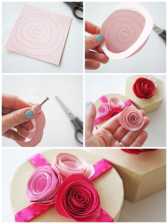 faire des fleurs en papier pour décorer une boîte à cadeau de façon originale, emballage cadeau à faire soi-même avec roses en papier 