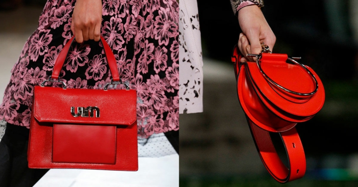 sac à main rouge, pochettes originales, petit sac rond, sac cartable femme, robe florale rose et noire
