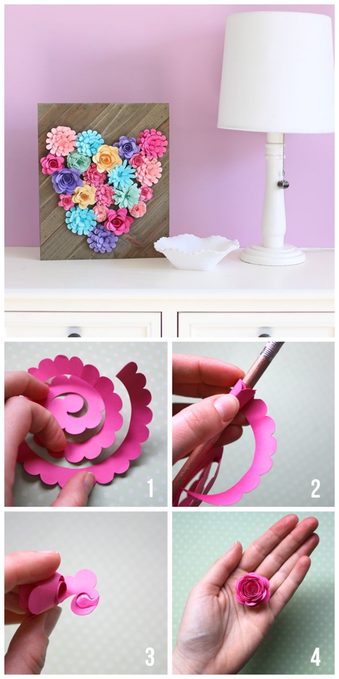 un cadre déco en bois décoré de fleurs en papier en forme de coeur, tuto fleur en papier facile, rose fabriquée à partir d'une frise de papier enroulée