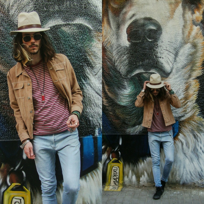 vetement boheme chic, jean bleu, veste kaki, chapeau gris clair, shirt rayé, graffiti