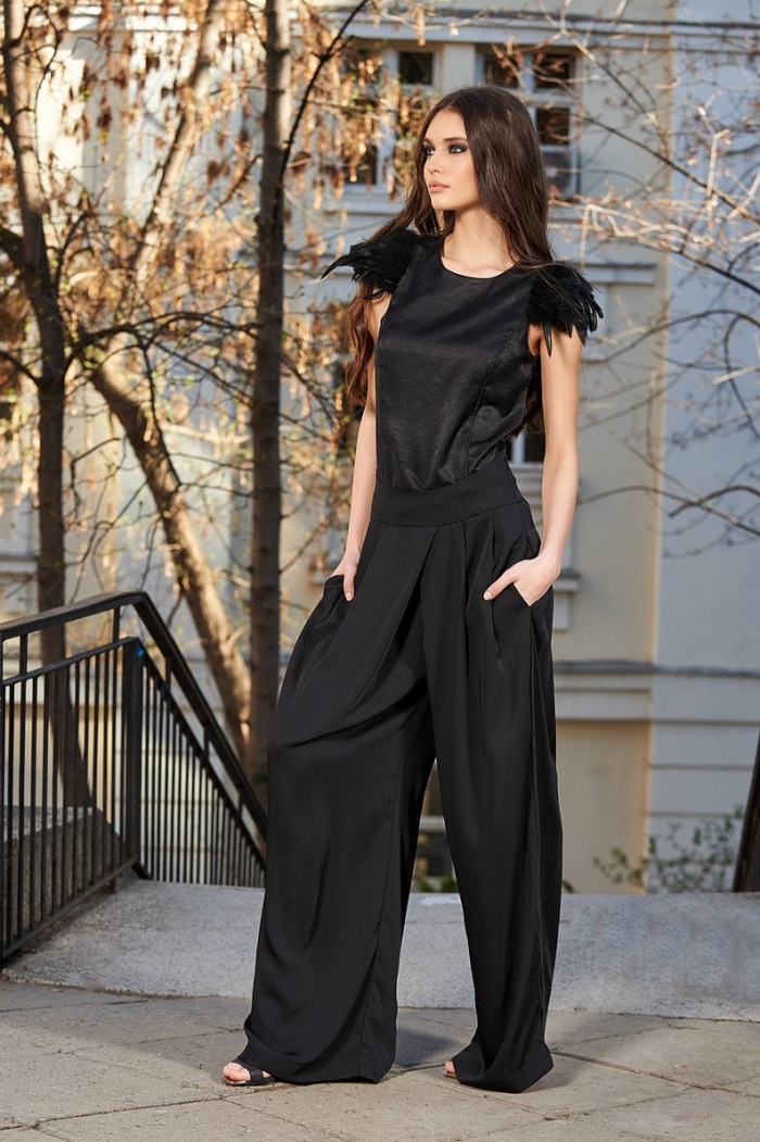 look total noir pour femme, idée vêtement pour occasion spéciale, ensemble tailleur pantalon femme de couleur noir