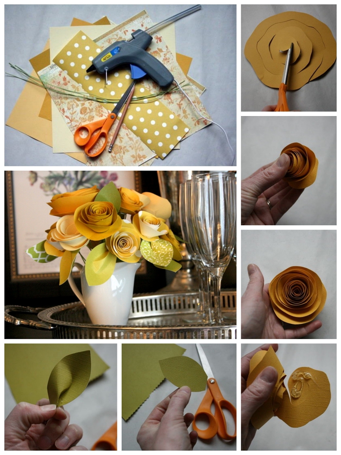 joli bouquet printanier réalisé avec des roses en papier, tuto fleur en papier facile pour faire une rose à partir d'une spirale découpée dans du papier
