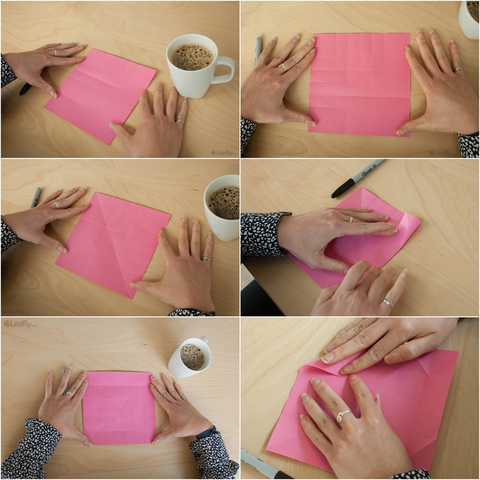 technique de pliage facile d'une mini boîte origami en forme de bourgeon de rose, modèle original d'origami rose