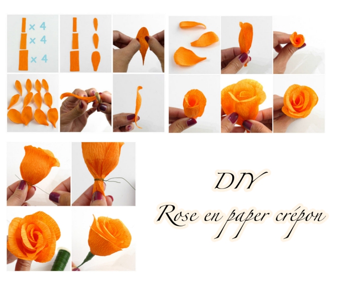 comment faire des fleurs en papier crépon, tuto étape par étape pour réaliser une rose orange en papier crépon 