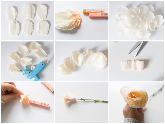 comment faire des fleurs en papier crépon, des roses blanches en papier crépon coloré à la craie