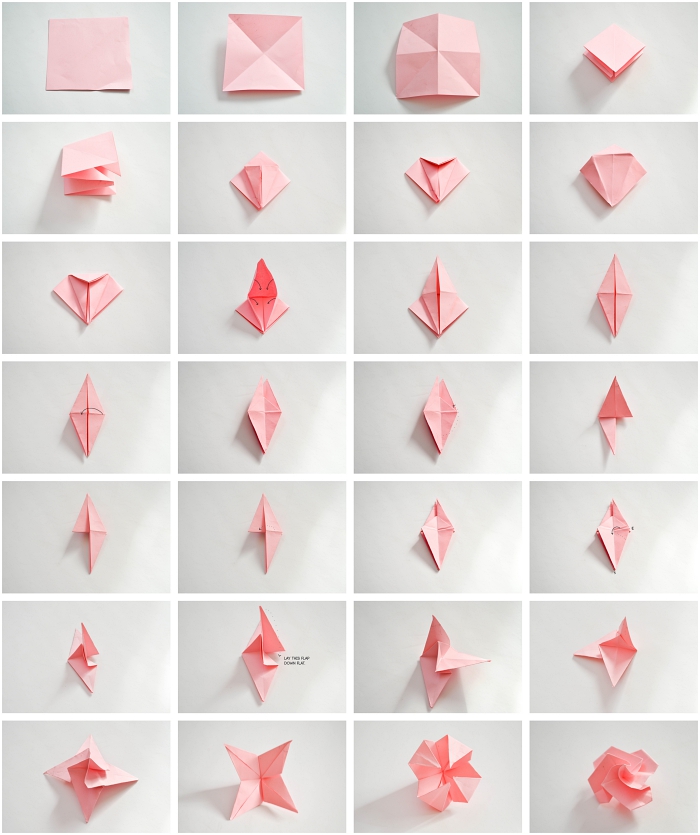 pliage d'une origami rose et ses instructions détaillées illustrées, modèle d'une jolie rose origami 