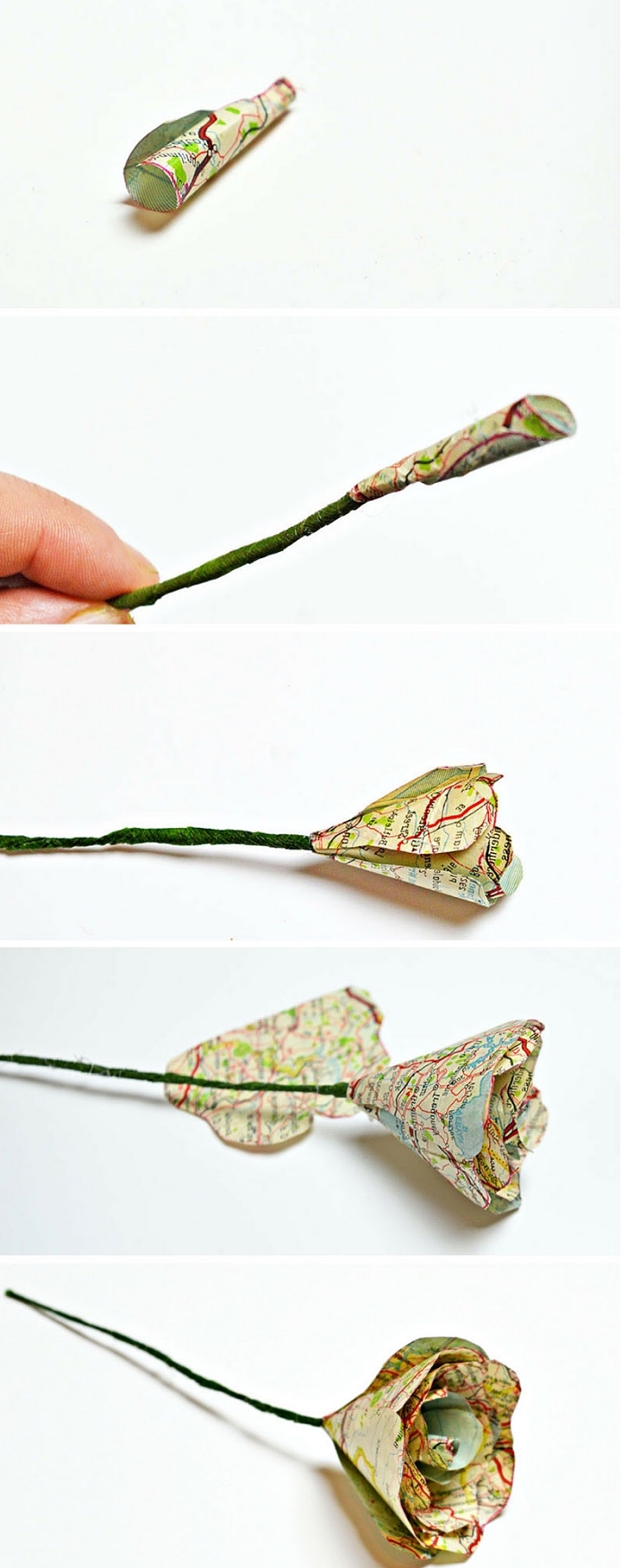 comment faire une rose vintage en papier récup, tuto fleur en papier facile avec pétales découpées dans une ancienne carte routière