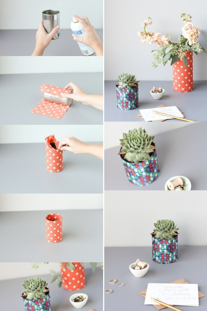 étapes à suivre pour faire un pot à fleur original, recyclage boite de conserve facile, décorer une canette avec papier
