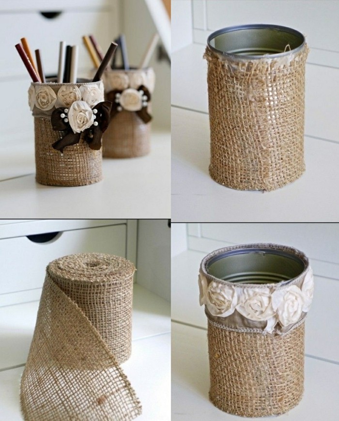 diy porte-crayons en canette recyclé avec décoration en petites fleurs, que faire avec les vieilles boîtes de conserve