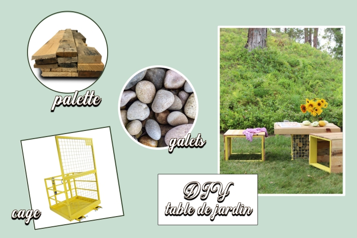 comment construire une table bois soi-même, faire un support de table avec cage et galets, exemple table de jardin DIY