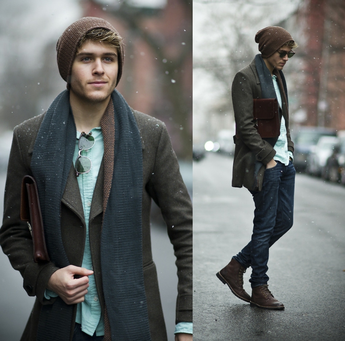 vetement stylé homme, bonnet tricoté, écharpe grise, manteau en laine marron, sac enveloppe en cuir marron