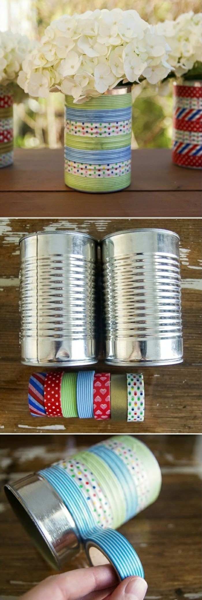 comment recycler les canettes, diy objet de déco fait avec boîte conserve et washi tape, modèle vase personnalisé