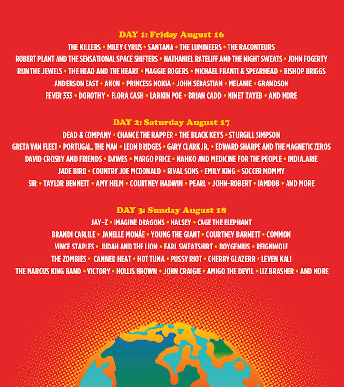 Programmation du festival de Woodstock de 2019 50 ans après 1969, avec Jay Z Santana Miley Cyrus