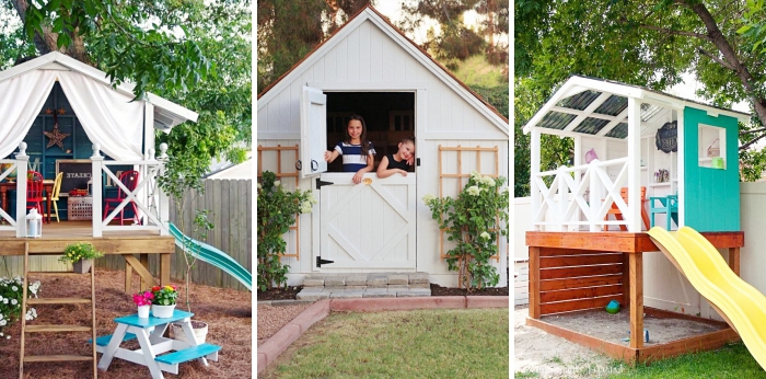 modèle de cabane en bois sur pilotis DIY, faire une petite maison de jardin avec terrasse en bois et toit bois blanc