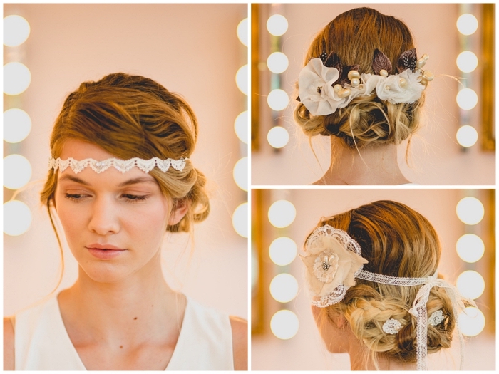 coiffure mariage chignon vintage réalisé à partir des tresses assemblées en chignon bas, coiffure de mariée avec headband et accessoires de cheveux vintage