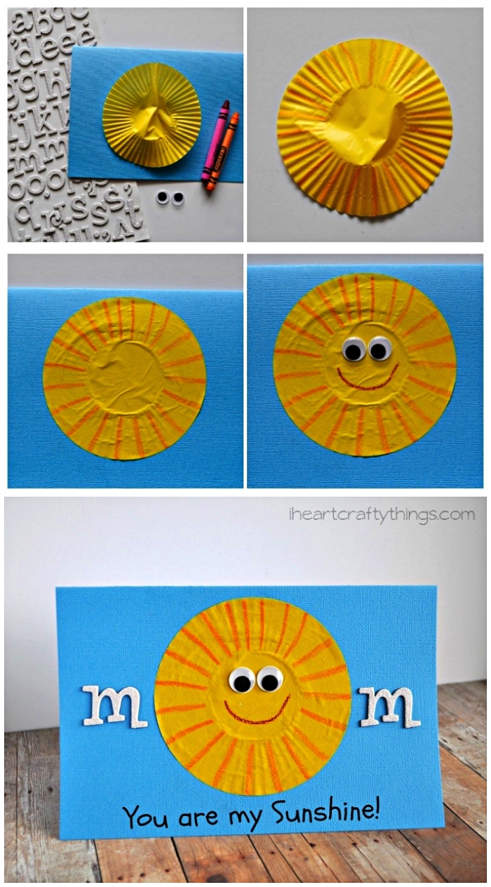 carte pour la fête des mères avec soleil caissette à muffin et message personnalisé au feutre noir