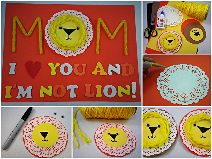 bricolage carte fête des mères en maternelle pour les tout petits, carte faite-maison avec tête de lion en papier et laine