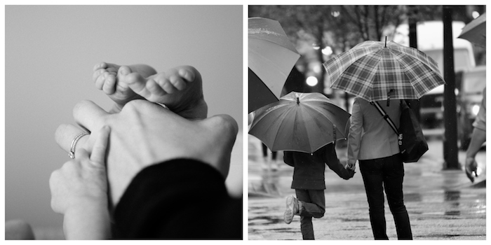 Art photographie noir et blanc, photo des mains de bébé et de mère et une photo dans la pluie mère et enfant qui se promènent avec ses parapluies, bonne fete des meres image