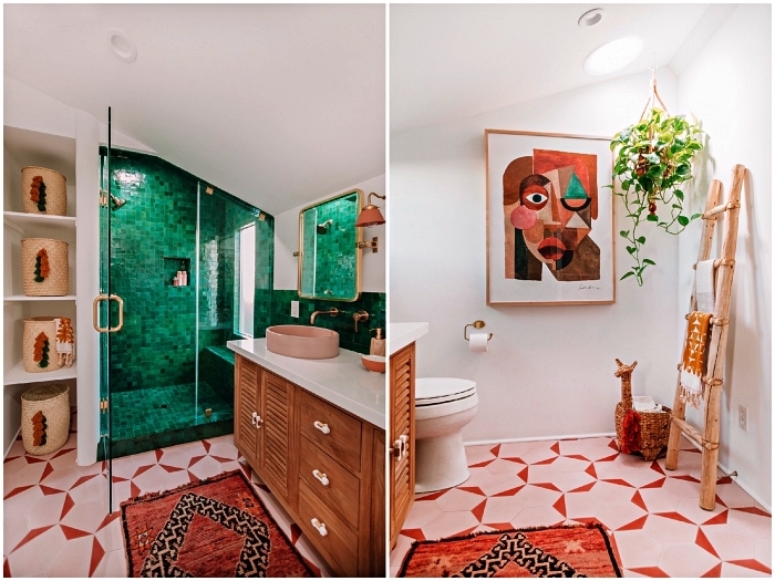 idee deco salle de bain bohème chic au carrelage graphique en rose et orange, cabine de douche aménagée sous pente en carrelage zellige vert émeraude 