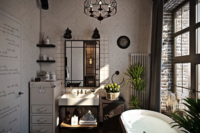 salle de bain de style campagne chic aux accents industriels en carrelage motifs chevrons couleur beige