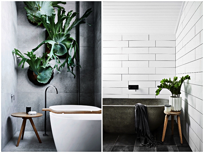ambiance zen et nature dans une salle de bain blanc et gris aux lignes épurées et aux accents végétaux