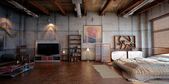 comment décorer une chambre à coucher dans un loft, idée meuble style industriel en bois brut, lampe sur pied métal