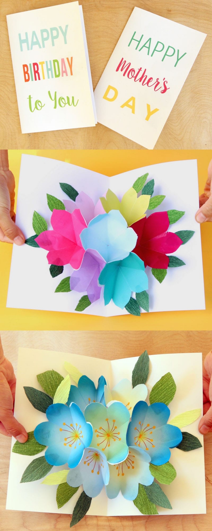 comment faire une carte d'anniversaire pop-up, carte d'anniversaire faite-maison à l'écriture multicolore, décorée à l'intérieur de fleurs en papier