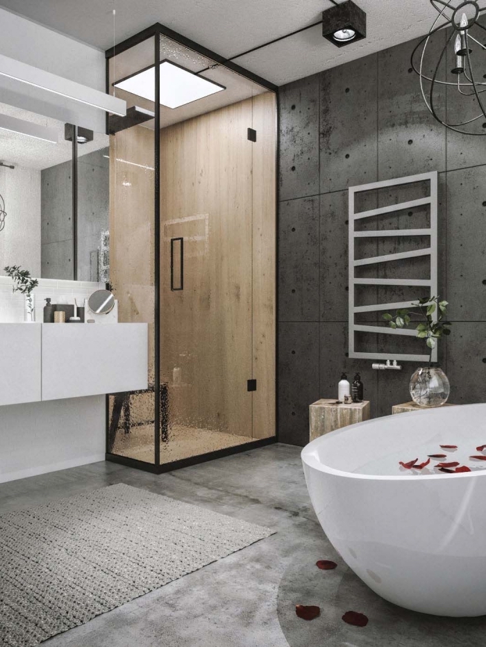 design intérieur contemporain dans une salle de bain gris et blanc, agencement salle de bain avec douche et baignoire