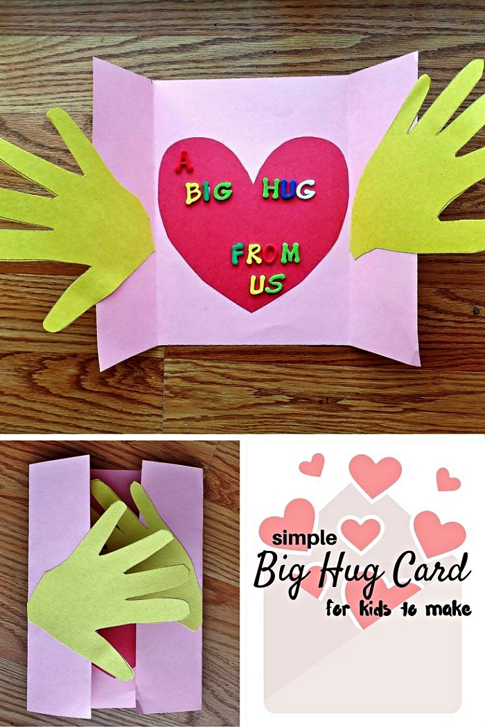 idée de cadeau fête des mères a faire soi meme, carte coeur à trois volets avec empreintes de mains découpées dans du papier