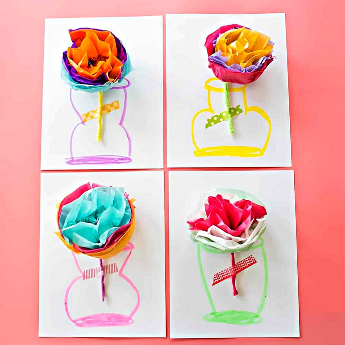 cadeau fête des mères à fabriquer soi-même, carte personnalisée dessin vase décorée de fleur en papier de soie