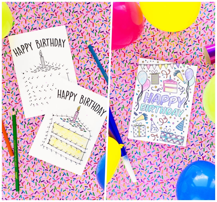 comment faire une carte d'anniversaire originale, trois modèles de cartes de voeux originales avec jeu de coloriage, de mots mêlés ou de points à relier