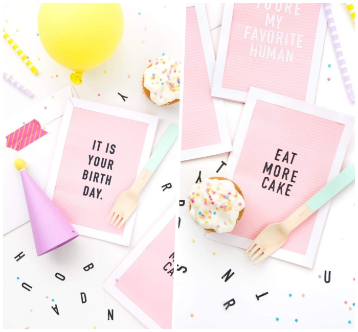 carte d'anniversaire femme rose et blanc façon tableau à message en lettres noires, carte de voeux personnalisée à réaliser à design féminin