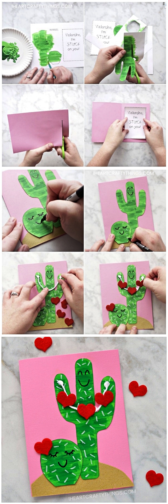 carte pour la fête des mères avec des cactus kawaii décorés de coeurs en papier, carte cactus à faire avec les enfants de la maternelle pour souhaiter bonne fête des mères